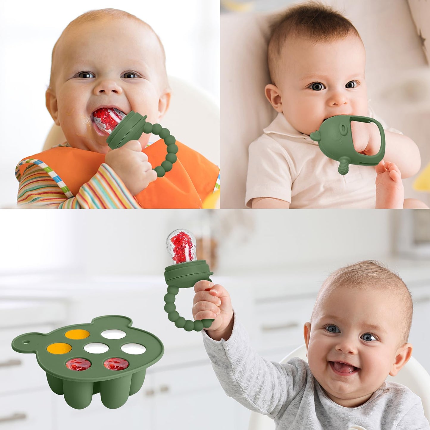 Gedebey 3-in-1 Baby Food & Fruit Feeder Set – Breastmilk Popsicle Mold with Freezer Tray, Teething Relief Toy, BPA Free Infant Silicone Feeding Combo, 3 Bonus Sizes (S/M/L) Sacs (Olive Green)