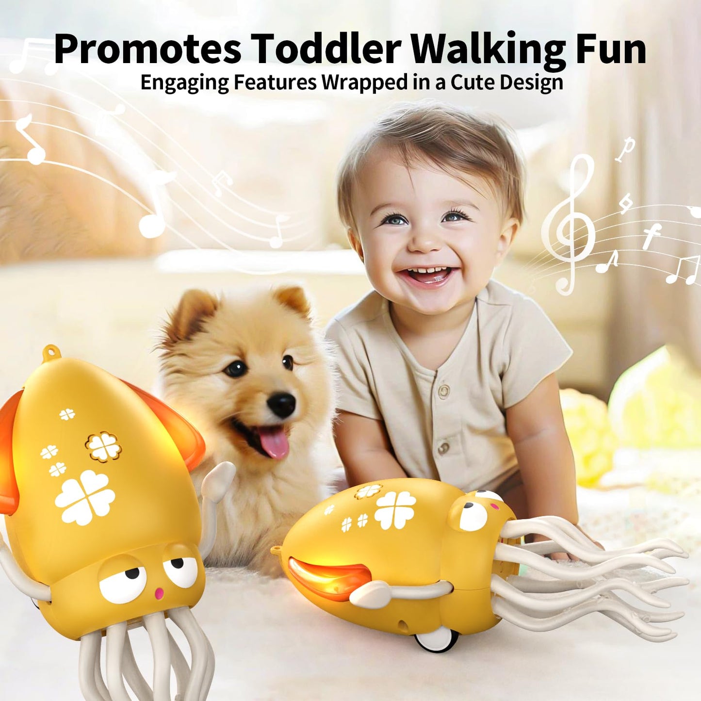 SWTOIPIG Electric Dancing Octopus Toy with Led Light and Music, Kids Electric Crawling Octopus Tummy Time Toys, Rechargeable Interactive Sensory Toy, for Christmas Birthday Gift(Yellow)