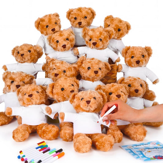 Blueweenly 60pcs 15 Set Make Your Own Stuffed Animal Kit Including 9.84 Inches Velvet Animal T Shirt 12 Colors Pens and Thank You Card DIY Stuffed Plush Gift for Arts Crafts(White)