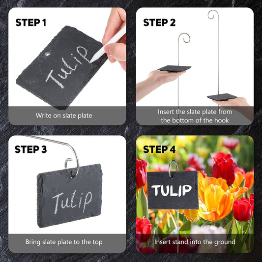 Leifide 24 Sets Plant Labels, Reusable Slate Plant Markers Natural Weatherproof Garden Signs Waterproof Hanging Slate Planter Tags with Metal Stakes and Stone Chalks for Vegetable Flower Pot
