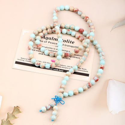 AD Beads 8mm 108 Prayer Mala Agalmatolite Elastic Bracelet - Peace and Tranquility - Handmade Yoga Meditation Healing Power Energy Gifts for Unisex Adult.