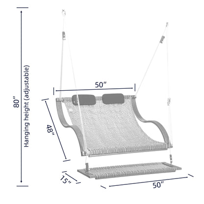 SANIWERKE® Porch Swing for 2, Double Hammock Swing with Footrest & S-Armrest, Adjustable Hanging, Durable Rope Net&Thick Wood, 650LBS, 50" Wide, Luxe Reclining Duo Swing for Patio Porch(Soft Tan)