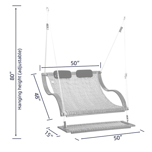 SANIWERKE® Porch Swing for 2, Double Hammock Swing with Footrest & S-Armrest, Adjustable Hanging, Durable Rope Net&Thick Wood, 650LBS, 50" Wide, Luxe Reclining Duo Swing for Patio Porch(Soft Tan)