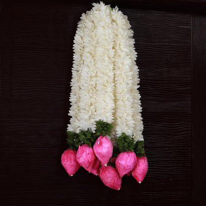 Set of 5 Artificial Jasmine Garland Toran with Lotus Buds, 13 Inch Strings Jasmine Garland Toran with Lotus Buds for Pooja Decoration Wall Hanging for Ganesh Chaturthi, Diwali & Festive Decor