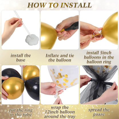 BBTO 8 Set Gold Black Table Centerpieces Balloons Stand Kit, Latex Balloons and Table Stand Holder with Base Tulle for Wedding Birthday Mother's Day Baby Shower Party