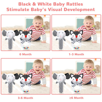 Baby Rattles & Toys - 0-3 Months, High Contrast Black & White Plush Stuffed Toys for Infants