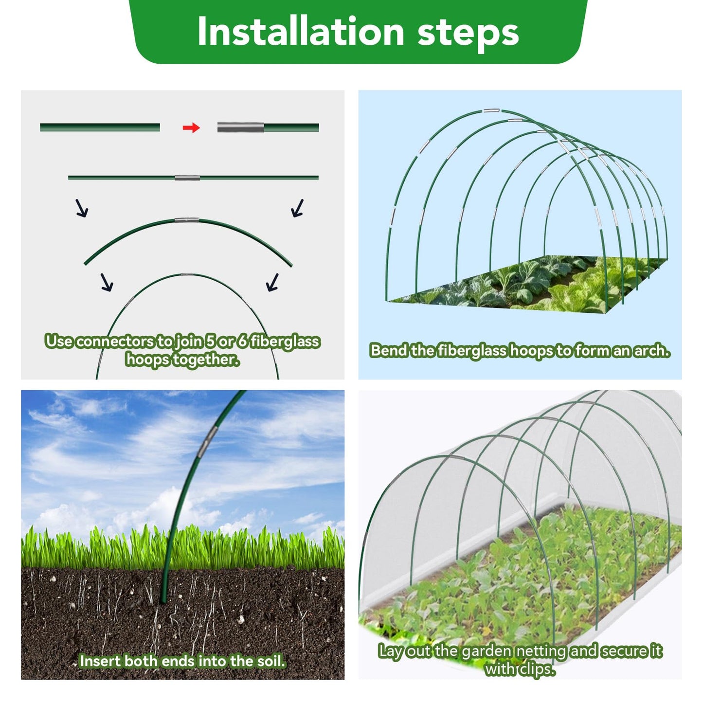 Garden Netting Kit for Raised Beds, 10x30FT Ultra Fine Mesh Netting ＆6 Sets Fiberglass Garden Hoops, Insect Netting for Garden Plant Row Cover Vegetable Flowers Protection Barrier