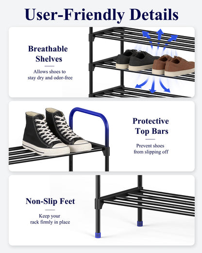 Kitsure Shoe Rack - 3-Tier Space-Saving Shoe Organizer & Shoe Shelf with Handle, Easy Assembly, Sturdy Metal Shoe Rack for Closet, Entryway, Bedroom, 28.0" x 11.8" x 25.6", Black
