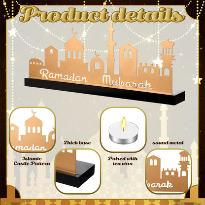 MorningRo Ramadan Mubarak Decorations Islamic Candle Holder with 5 Tea Candles Eid Mubarak Metal Sign with Wood Base Ramadan Kareem Table Centerpieces Eid Al Fitr Muslim Party Gifts