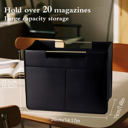 Craftmastudio Leather Magazine Holder Foldable with Handles，Stable Magazine Rack Floor，Magazine Basket File Holder Storage，Document File Folder Organizer Free Standing for Office Living Room (black)