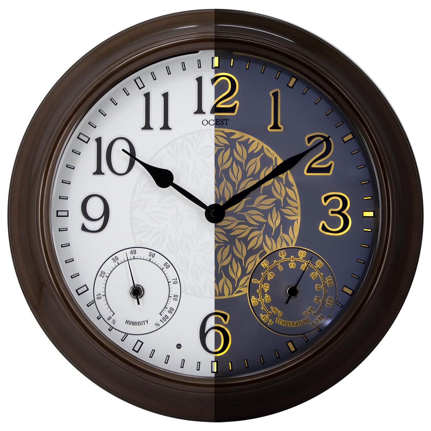 OCEST 15 Inch Illuminated Large Outdoor Clock Waterproof, Night Light Illuminated Wall Clocks with Smart LED Sensor, Temperature and Humidity Combo for Garden Patio Pool Garage (Metal)