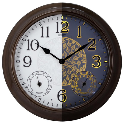 OCEST 15 Inch Illuminated Large Outdoor Clock Waterproof, Night Light Illuminated Wall Clocks with Smart LED Sensor, Temperature and Humidity Combo for Garden Patio Pool Garage (Metal)