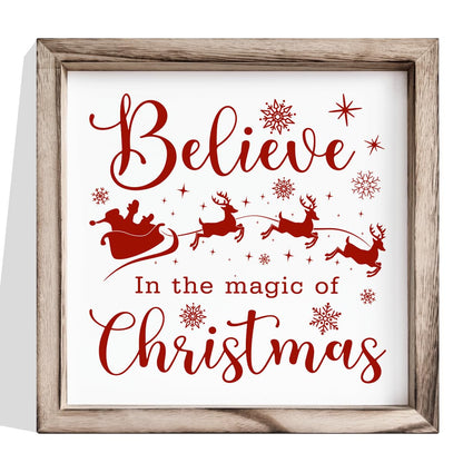 Christmas Wall Decor, Believe in the Magic of Christmas Quote Sign, Santa Sleigh Framed Wood Wall Accent for Cozy Living Room or Bedroom, MDF Holiday Hanging Plaque