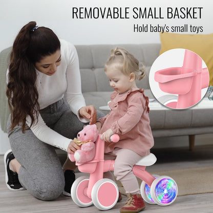 Umatoll Colorful Lighting Baby Balance Bike Toys for 1 Year Old Girl Gifts, Adjustable Seat, First Birthday Gifts, 12-24 Months Toddler Bike, New Pink