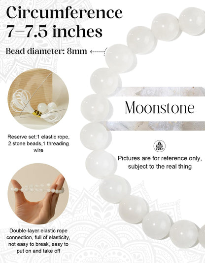 Landorilo Beaded Bracelet for Men Women, 8mm Natural Stone Moonstone Healing Crystal Stretch Bracelets, Ideal Christmas Birthday Jewelry Gifts with Energy Card，Replacement Beads Included