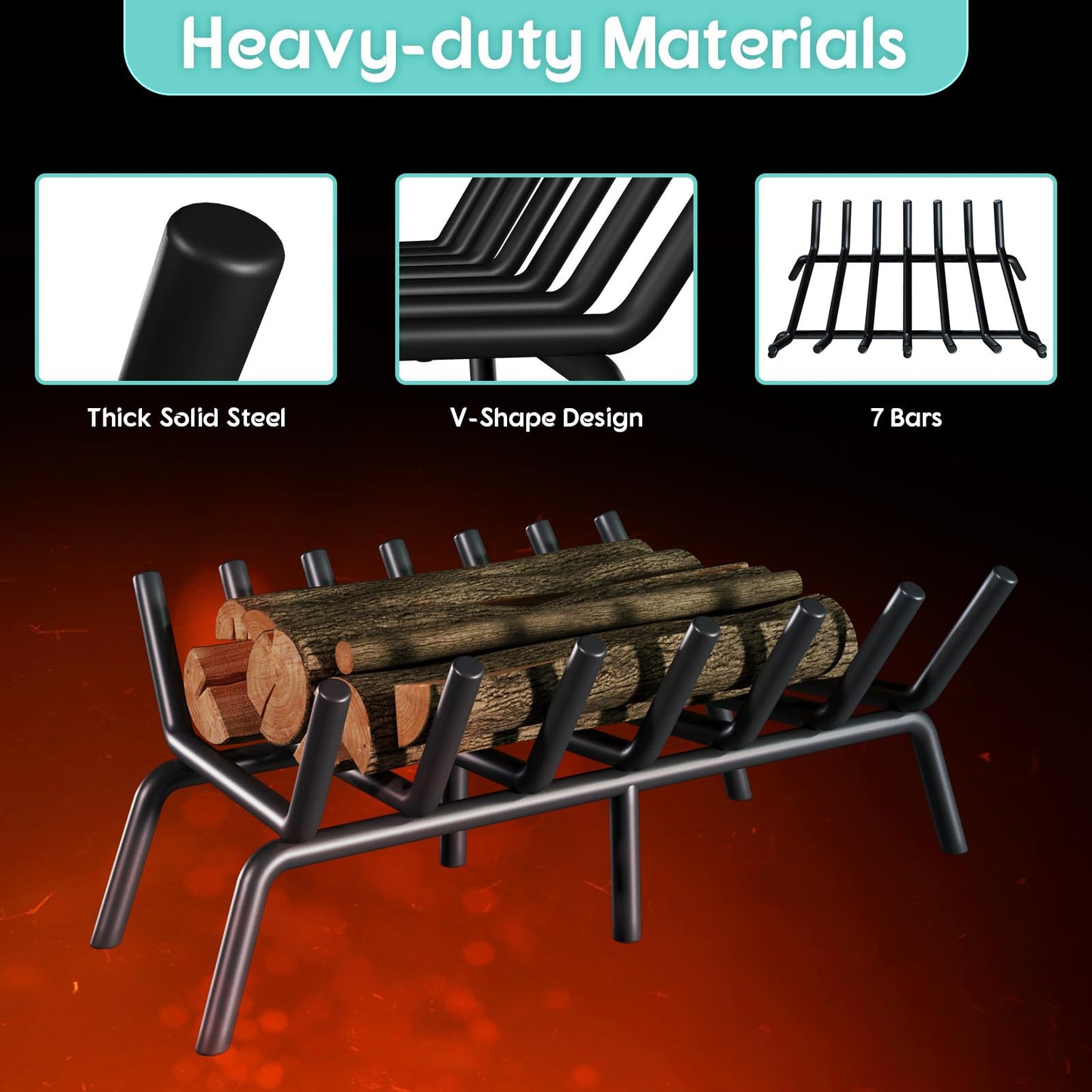jkxoo 21-Inch Fireplace Grate, Heavy Duty 7-Bar Log Rack Holder Made of Solid Round Steel for Indoor/Outdoor Fire Pits, Wood Stoves & Kindling Tools