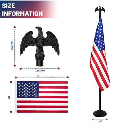 IN WHICH BAY Indoor Flag Pole Kit - Telescoping 6FT-8FT Flag Pole with Base, 3x5 FT Embroidered Stars American Flag,Black Eagle Topper, Black Flagpole and Stand, for Office School City Hall(1Pack)