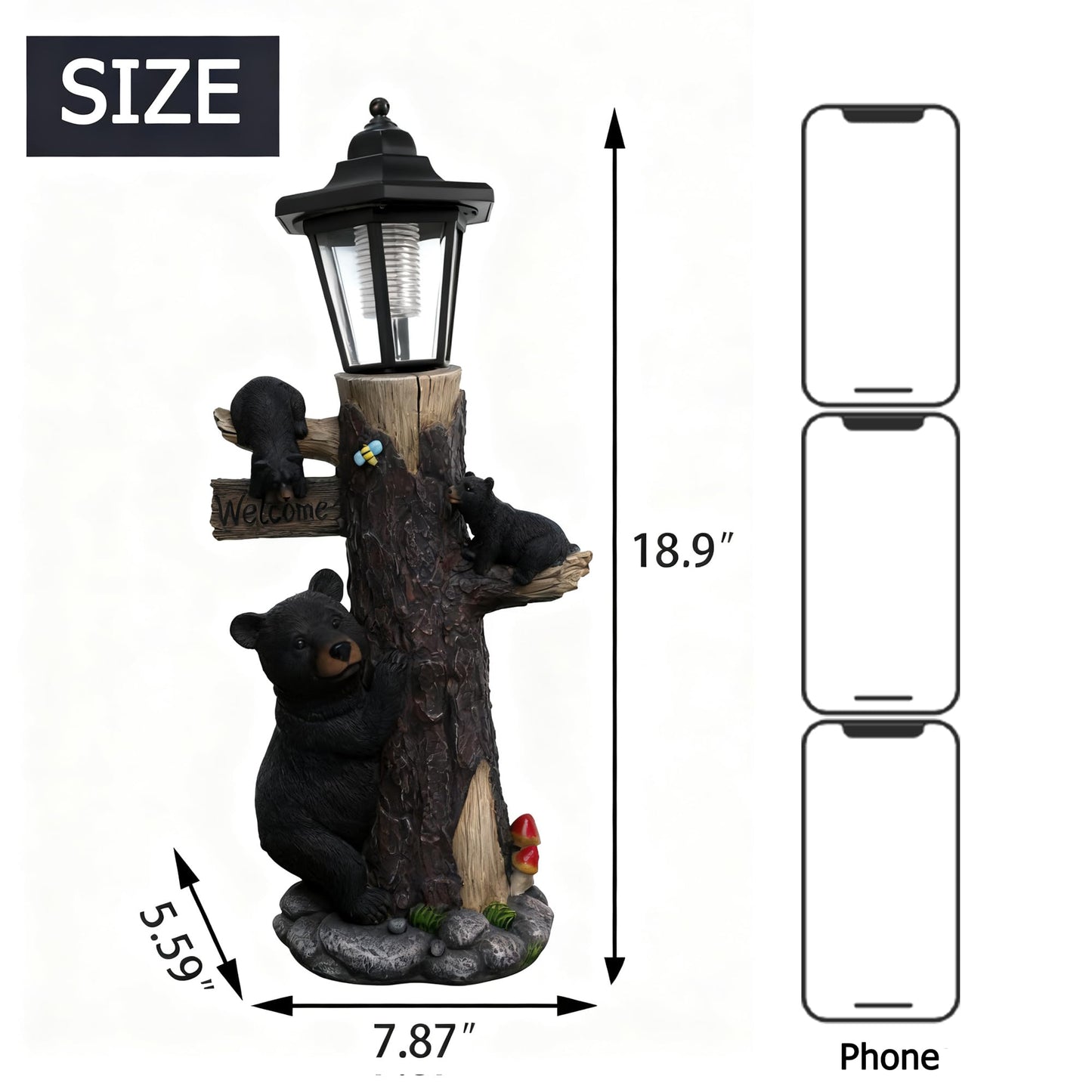 Oritty Bear Statue Welcome Sign Garden Statue with Solar Lights, 19 Inches Resin Bear Family on The Tree, Outdoor Bear Décor for Yard, Garden, Lawn, Patio, Black, Spring Decorations for Home