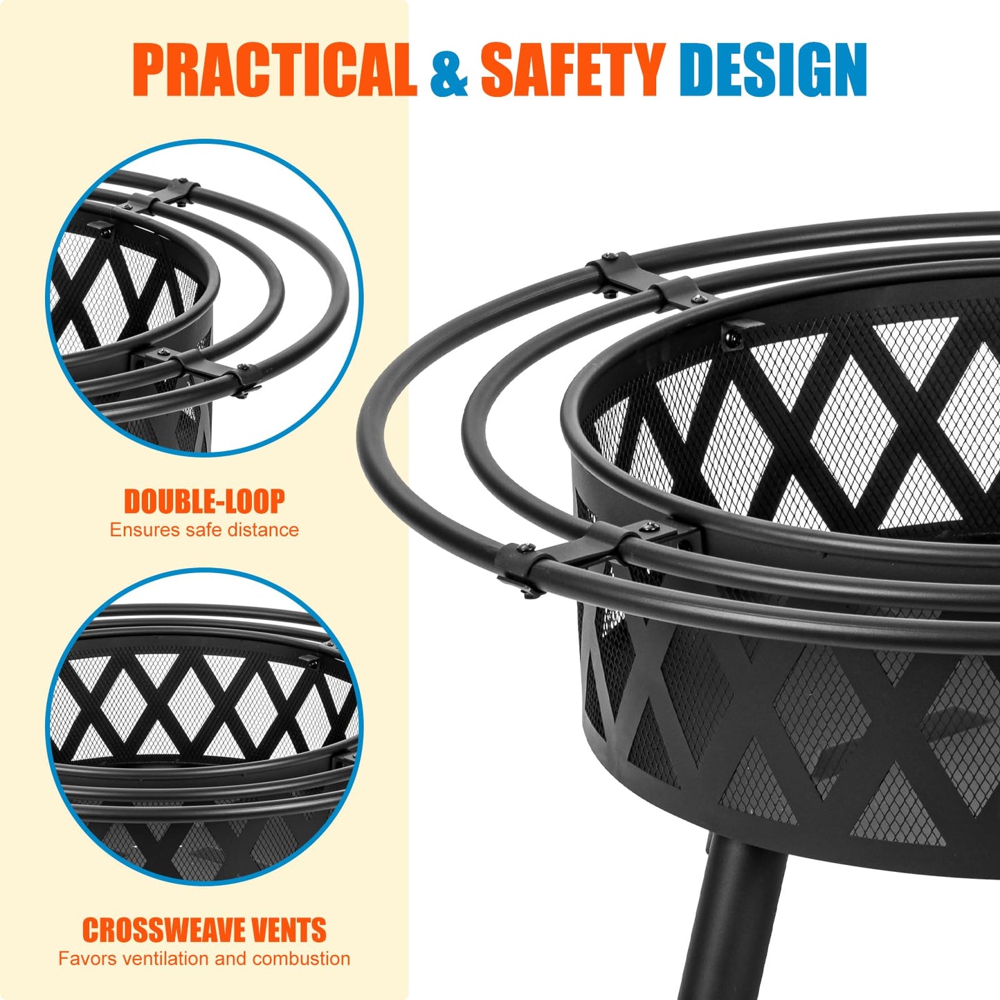 EcoNook 36 Inch Wood Burning Fire Pit with 2 Loops, Outdoor Fire Pit with Spark Screen & Fire Poker, Cross Weave Firepit for Outside Fireplace Bonfire for Yard,Patio, Garden