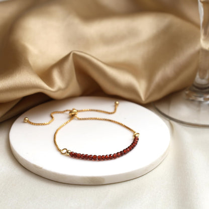 Gempires January Birthstone Jewelry for Women, Birthstone Beaded Bracelets, Red Garnet Gemstone Bracelet, Bolo Bracelet, 14k Gold Plated Chain (6-9 inch Adjustable Length)