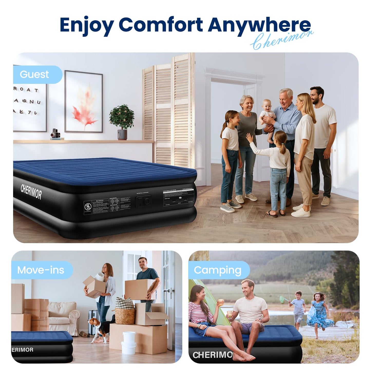 CHERIMOR Queen Air Mattress with Built in Pump, 18" Raised Comfort, Multi-Layer Leakproof, Heavy-Duty Support Blow Up Mattress, 800lbs High Capacity, 3 Min Inflation for Home Camping Guests