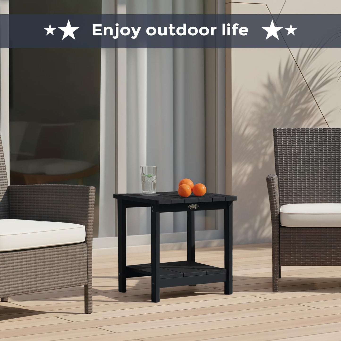 Square Outdoor Side Table Adirondack Side Table, Water-resistant & 2-Tier Small End Table for Patio, Beach Chair & Poolside, Bedside Table for Living Room & Bedroom, Easy Assembly, Black