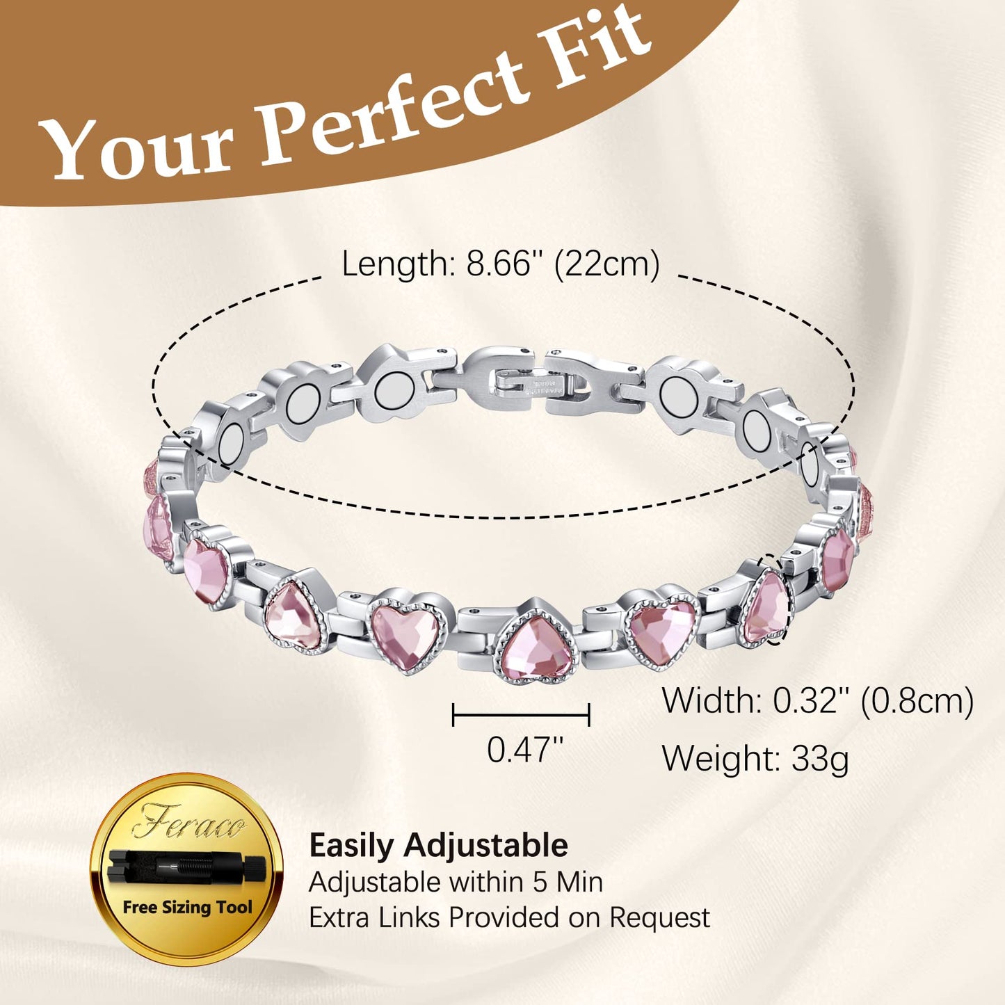 Feraco Magnetic Bracelet for Women Titanium Steel Magnetic Bracelet with Neodymium Magnets & Sparkling Crystals, Christmas Jewelry Gifts (Pink)