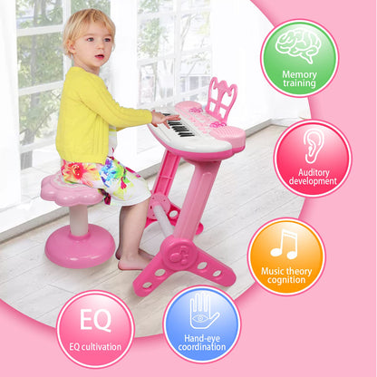 Kids Piano Keyboard Toys, 31-Keys Piano for Toddler Ages 3-5-9, Educational Toys with Microphone, Stool, Portable Multifunction Electronic Musical Instrument, 3+Year Old Girls Birthday Gift Ideas-Pink