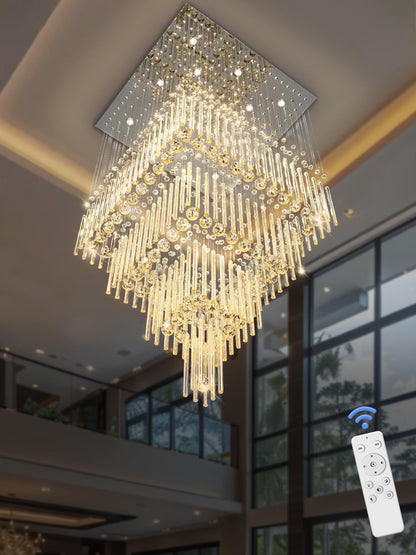 Flashing God D32''X H79'' Foyer Chandelier for High Ceilings,Square Crystal Raindrop Chandeliers,Large Chandelier for Entrance Foyer Villa,4 Tier Chandeliers