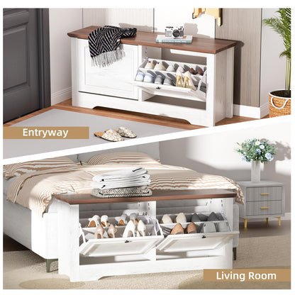 TOOBVEST Shoe Storage Bench with Flip Drawers, Entryway Shoe Cabinet with Seat, Wooden Shoe Organizer Bench for Hallway, Foyer, Living Room, Small Space, White Walnut