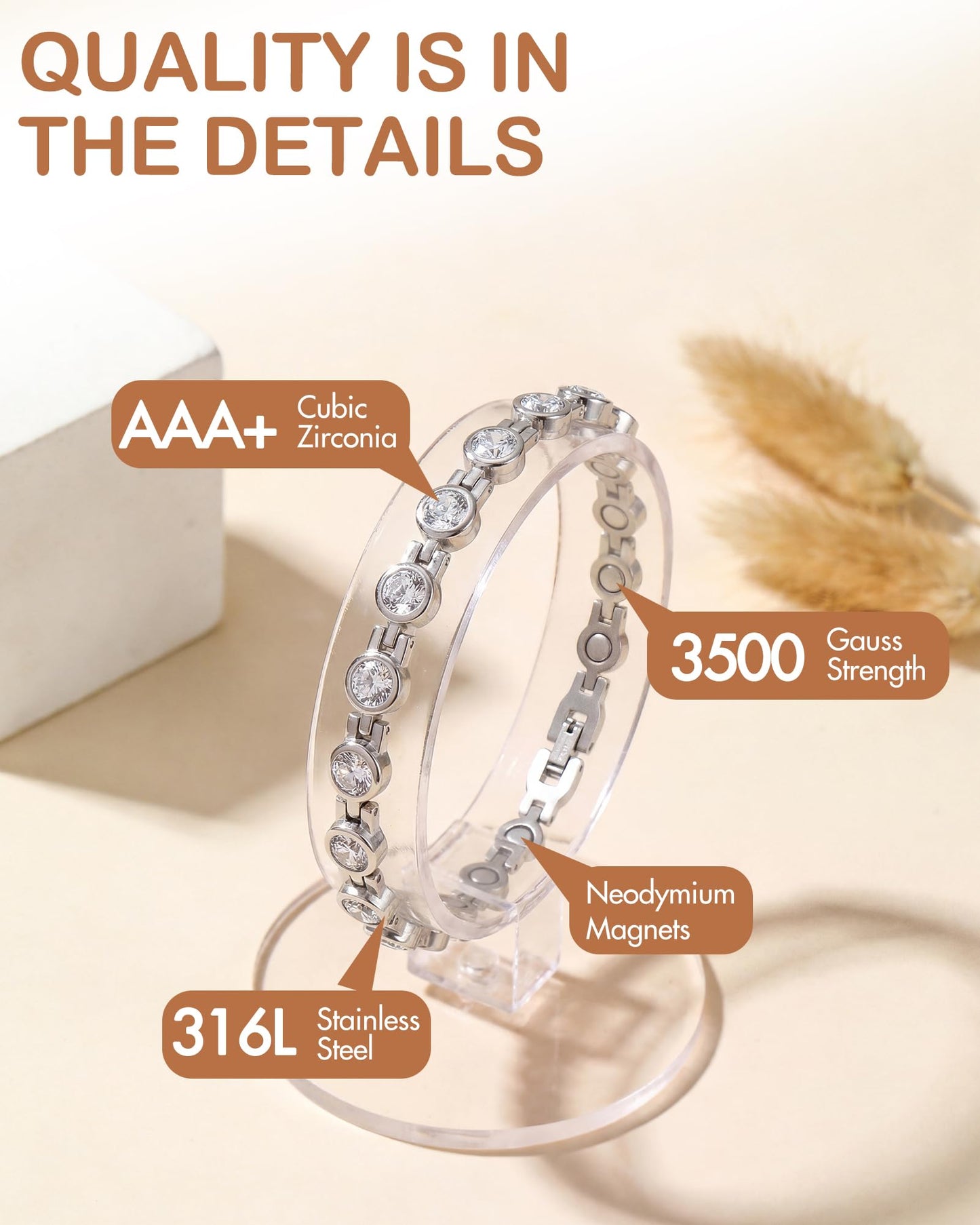 Feraco Magnetic Bracelet for Women Titanium Steel Magnetic Bracelets with Gorgeous Sparkling Cubic Zirconia Costume Jewelry Gifts (Silver)