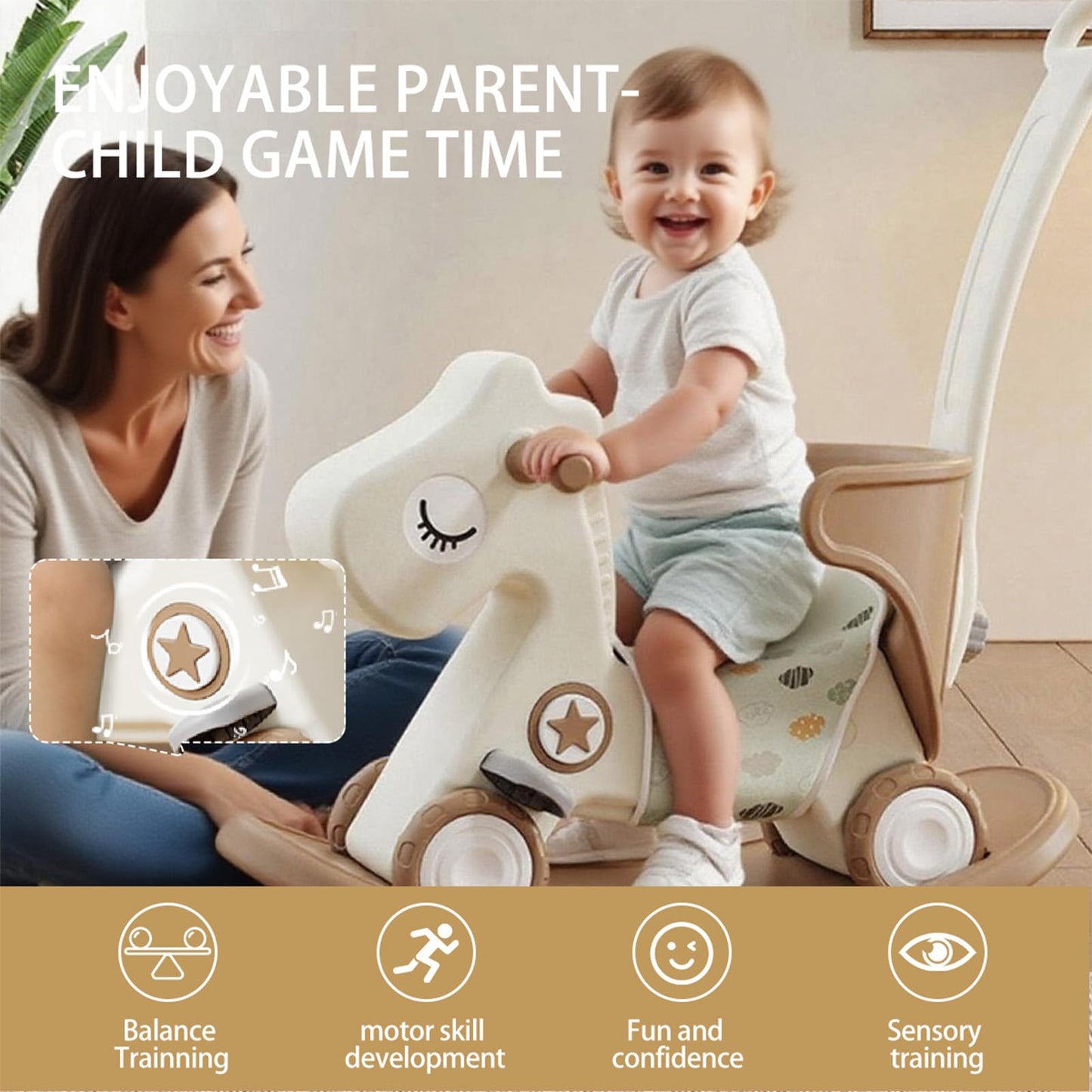 Deer COCO 4 in 1 Rocking Horse for Toddlers 1-3, Baby Ride On Toys with Balance Board & Push Handle, Convertible Push Car, Birthday Gift for 1 Year Old Boys Girls (Tan)