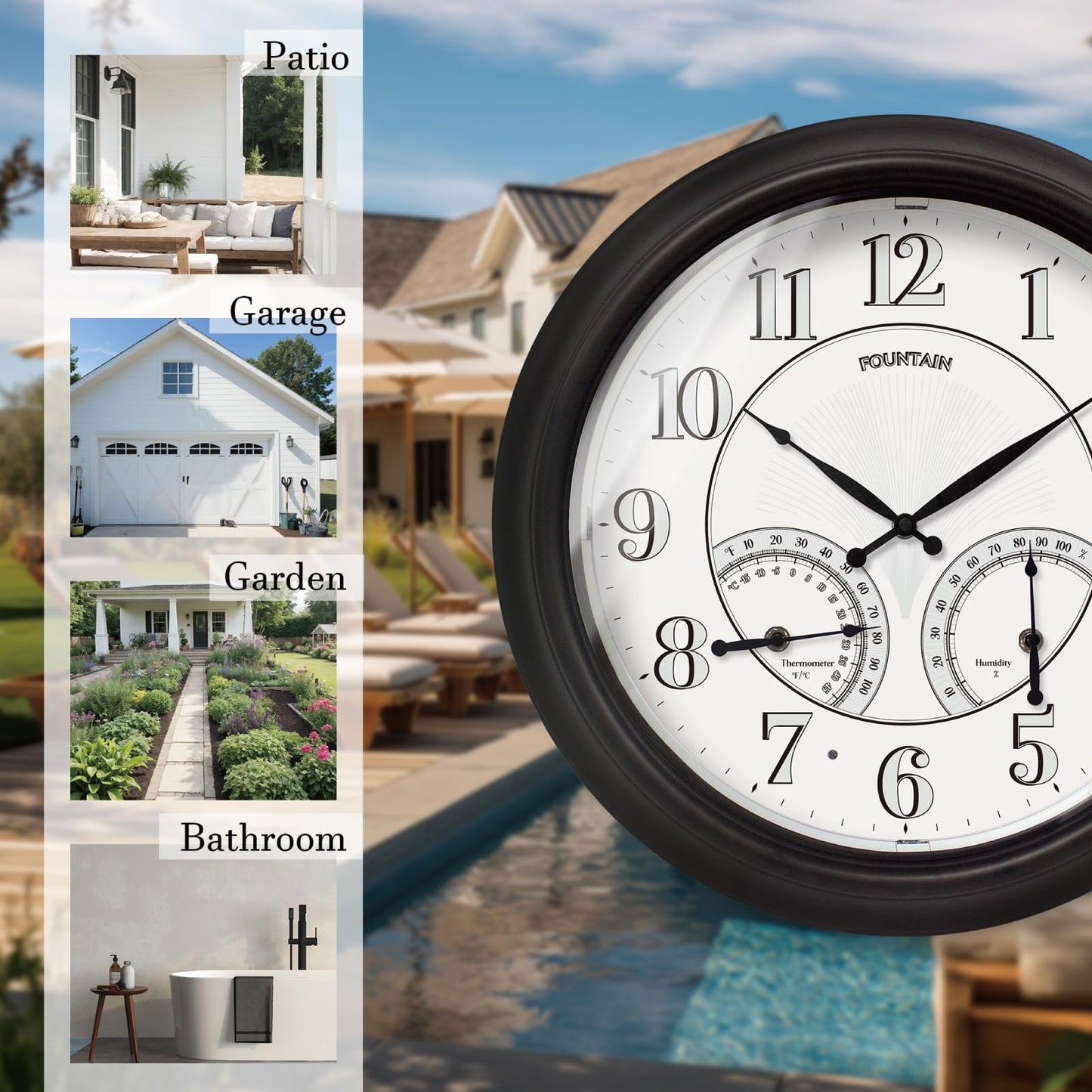 FOUNTAIN DESIGNS 18 Inch Illuminated in/Outdoor Clock with Smart Sensor and Night Light, Waterproof, Large Wall Clock with Thermometer & Hygrometer for Patio,Pool and Garden Decor,Oil Rubbed Bronze
