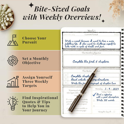 Pursuit Goal Journal - 6 Month Undated Productivity Planner for Goal Setting - Daily Planner, Weekly Planner, Monthly Planner, Notebook, 6x8.5inch (Purple)