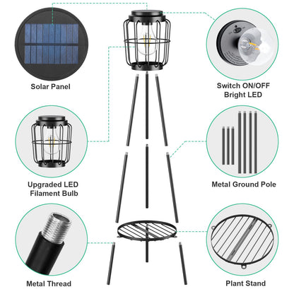 VISFLAIR 2 Pack Solar Lights with Plant Stand, Outdoor Floor Lamp, Waterproof Solar LED Edison Bulb Floor Lamps for Patio Porch Deck Yard Garden Decor