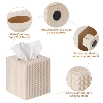 Tissue Box Cover, Square Modern Facial Acrylic Tissue Holder, Aesthetic Cube Napkin Dispenser Accessories for Bathroom Vanity Countertop, Night Stand, Office Beige