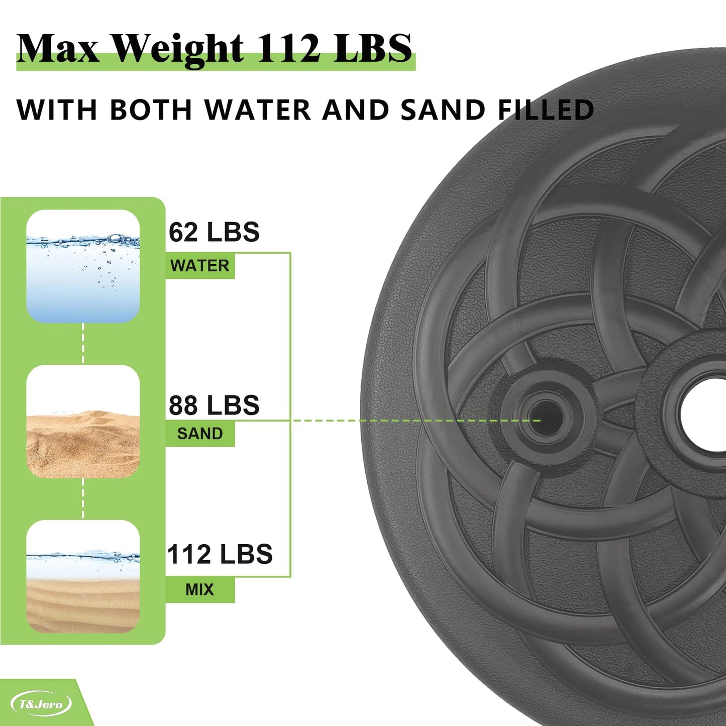T&Jero Round Heavy Duty Plastic Patio Umbrella Base Stand Weight for Outdoor, 112 lb with Water and Sand Filled, Black