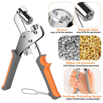Grommet Tool Kit 3/8 Inch with 800 Pcs Eyelets Grommets and Storage Bag, Handheld Metal Grommet Kit Tarp Grommet Maker Kit Grommet Pliers Punch for Tarps Fabric Leather