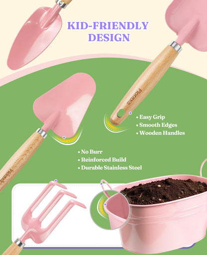 8Pcs Kids Gardening Set with Metal Basket & Real Metal Tools, STEM Outdoor Exploration Kit, Ergonomic Wooden Handles, 3 Shovels, Rake, Watering Can, Gloves, Tote Bag, Toy Gift for Toddler Boys Girls