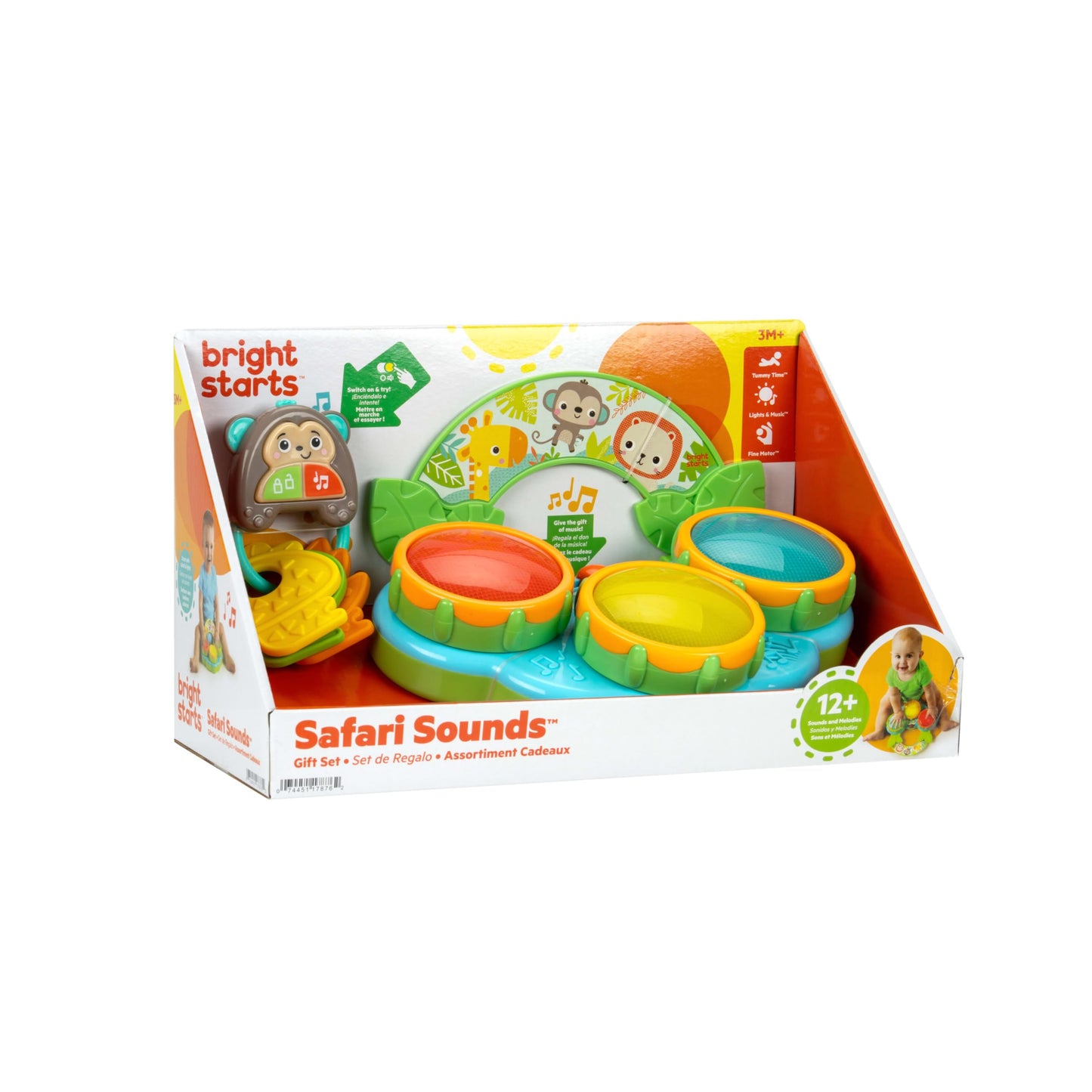 Bright Starts Safari Sounds Gift Set, 2-PK Baby Toys for On The Go, Musical Drum Toy and Car Keys Toy with Car Sounds, Unisex Jungle Theme, 3-6 Months and Up