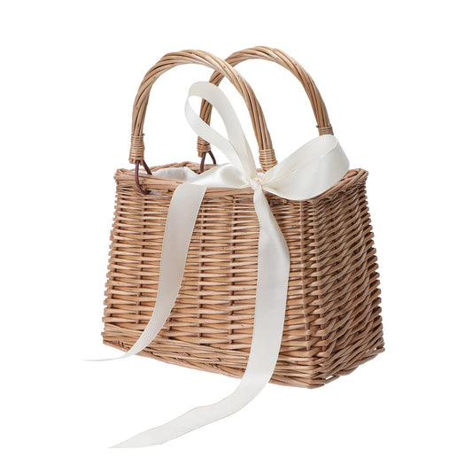 CARMELIT Flower Girl Basket Boho Style Rattan Baskets with White Ribbon for Weddings, Classic Wicker Handbag Basket Purse Baskets Bags Women Straw Tote with Handle