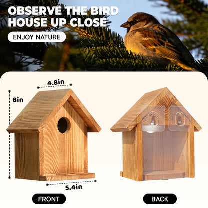 Window Bird Houses for Outside with 2 Powerful Hooks, Clear Window Bird House for Viewing Inside, Hanging Wooden Birdhouses to Paint for Outdoors, Bird Nesting Box for Bluebird Finch Chickadee