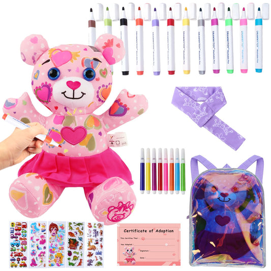 DRAWMYTOY Stuffed Animal Coloring Plush Toy Bear with 20 Washable Markers Laser Holographic Backpack Road Trip Car Game Writing Painting Set for Girls Doodle Dolls Kids Ages 3-6 Birthday (Pink Bear)