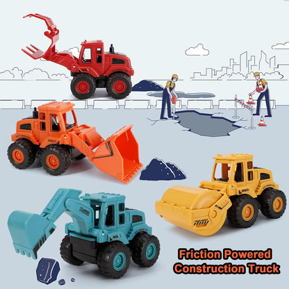 exinddea 4PCS Construction Toys,Friction Powered Construction Truck Toys Vehicles,Mini Construction Vehicles Toys Sand Truck Toys,Bulldozer Excavator Roller Truck Toys Gift for Kids Boys Girls