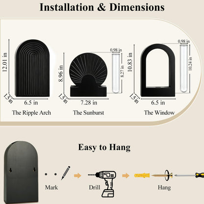 TBWIND Wooden Wall Vases Set of 3, Modern Farmhouse Arch Propagation Station with Glass Planter Tubes, Boho Fluted Hanging Decor for Entryway, Living Room & Narrow Spaces Black