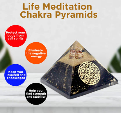 Real Crystal Black Tourmaline Orgonite Pyramid W/Flower of Life Healing Crystal Pendant, Pyramid Crystal Gemstone Pyramid for Meditation, Motivation, Positivity - Handmade in India