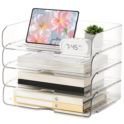 NUOGIC 4-Tier Large-Capacity Paper Organizer, Clear Stackable Desk Organizer & Acrylic Paper Tray, Transparent & Easy Access,Desk File Organizer for Home Office & School