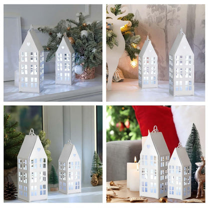 SiliFine 2 Set White Farmhouse Village Sets with 2 Pcs White Candles Rustic Houses Village Decor Metal Modern Lantern Decorative for Wedding Valentine's Day Home, Tabletop, Shelf Decor