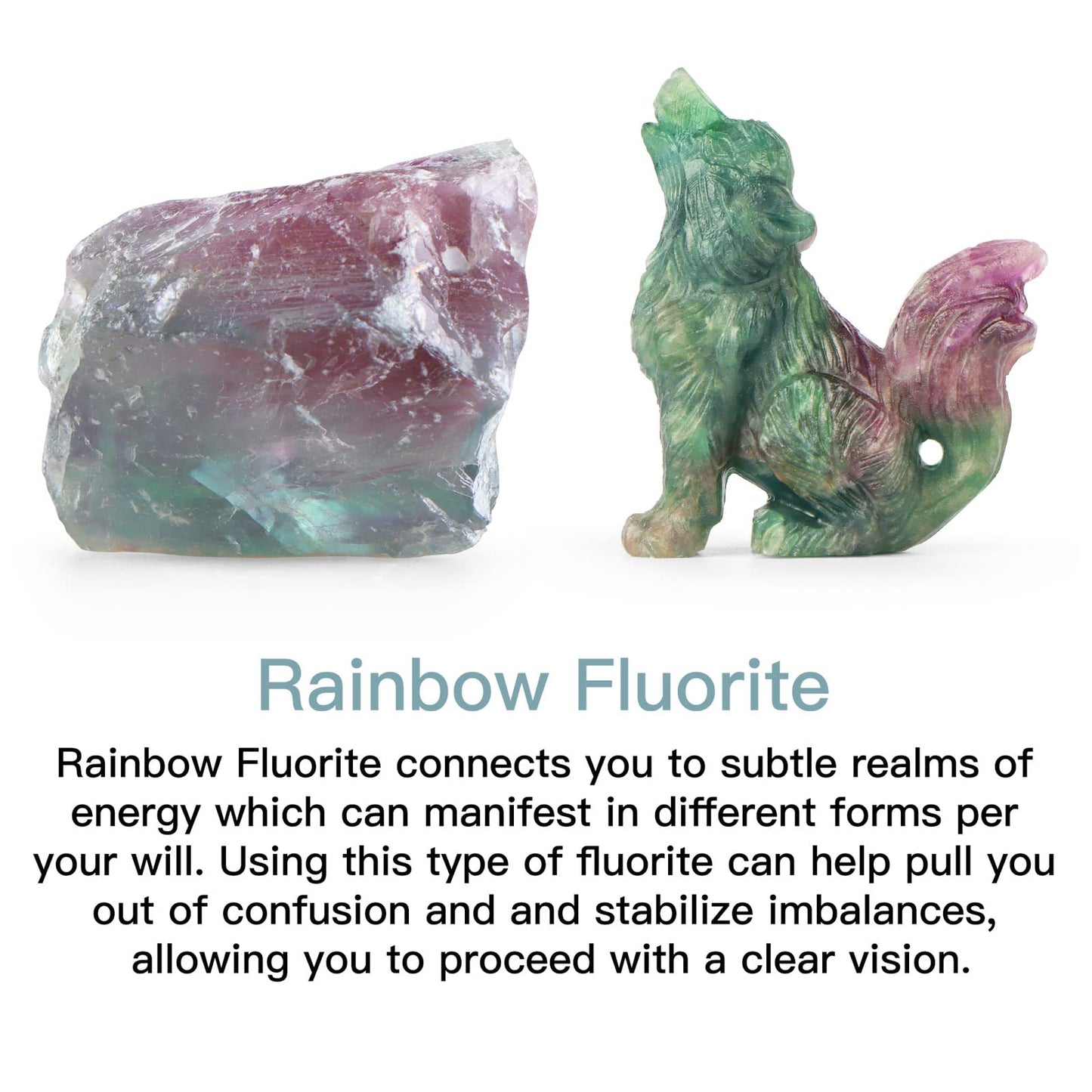 LEADGEM 2" Crystal Wolf Statue Decor Rainbow Fluorite Crystal Big Tail Wolf Figurine Healing Stones Statue Carved Wolve Sculpture Ornaments Wolves Figure with Gift Box