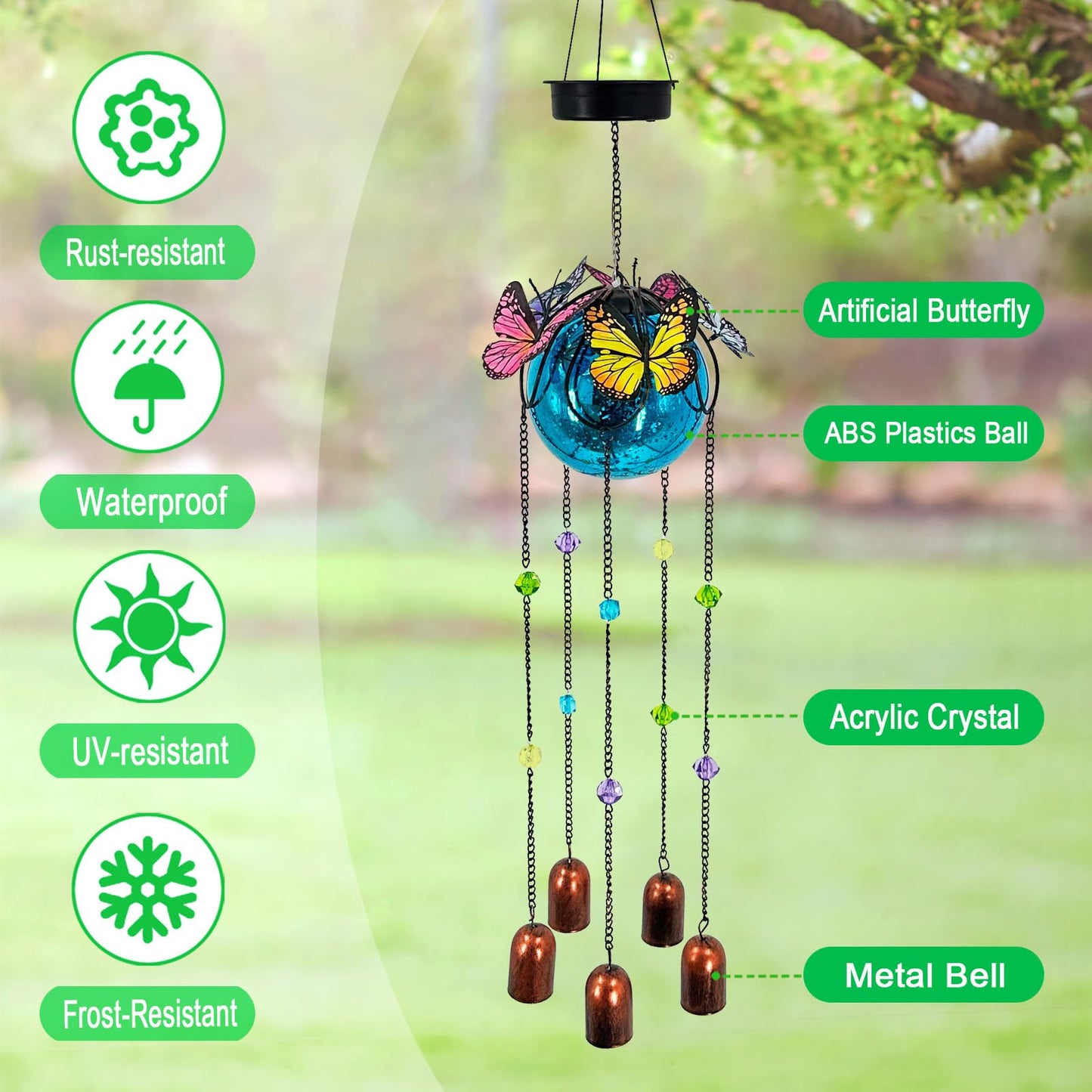 Butterfly Wind Chimes for Outside,Plastic Ball Dangle Solar Lights Outdoor,Waterproof Hanging Yard Decorations for Garden,Patio,Porch